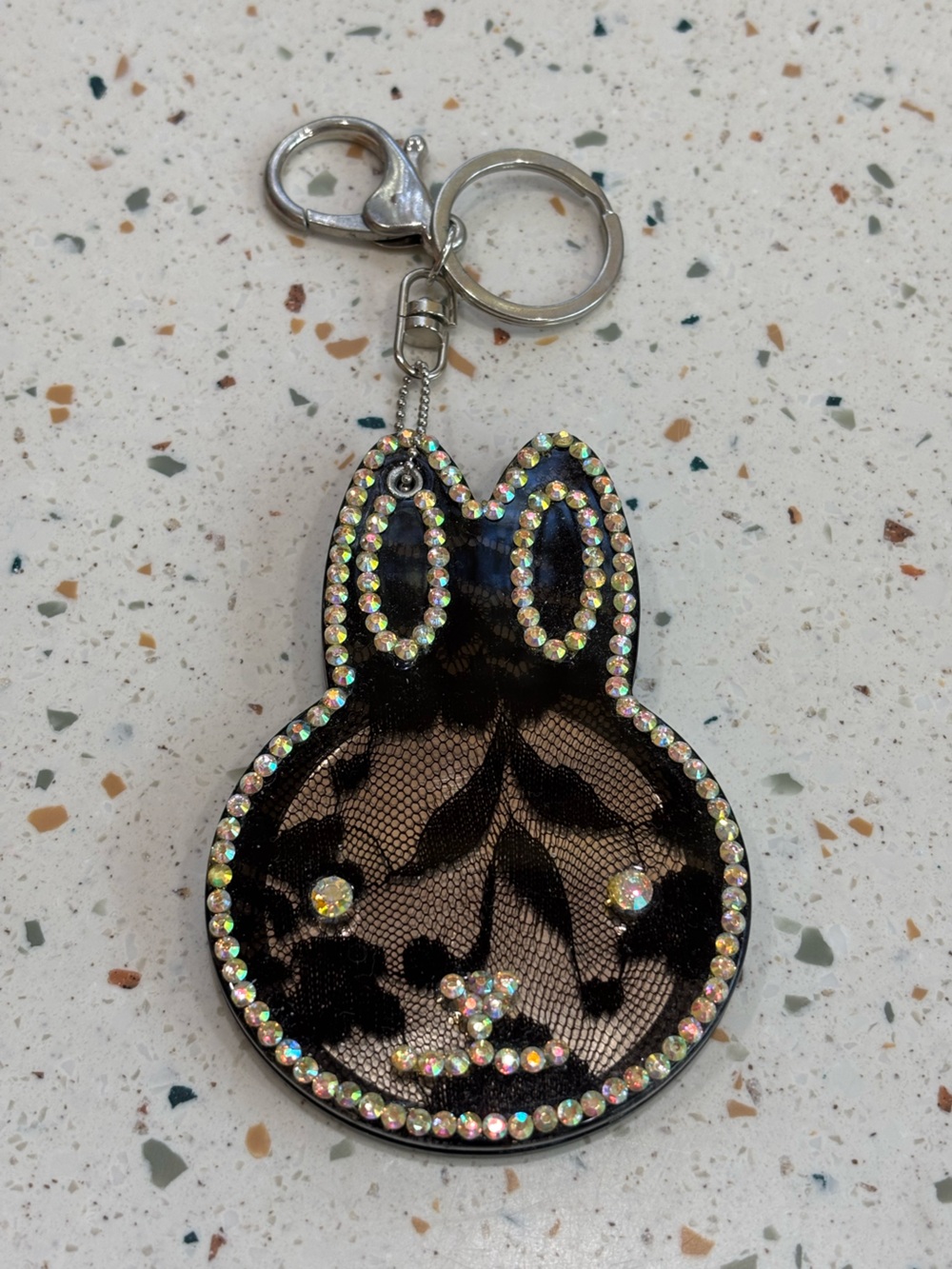 Y2K Rhinestone Bunny Rabbit Compact Mirror Keychain Black‎ Lace Glam